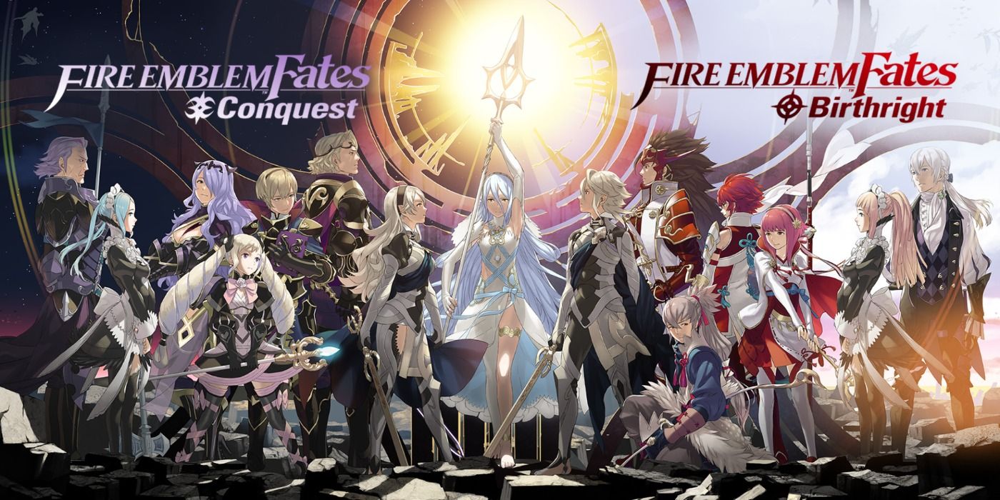 Key art for Fire Emblem Fates: Conquest and Birthright with the rival groups facing each other.