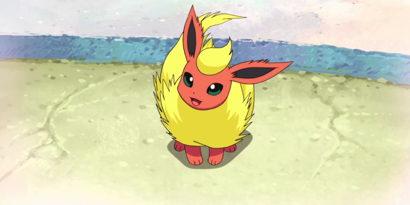 Um Flareon feliz no anime Pokémon.