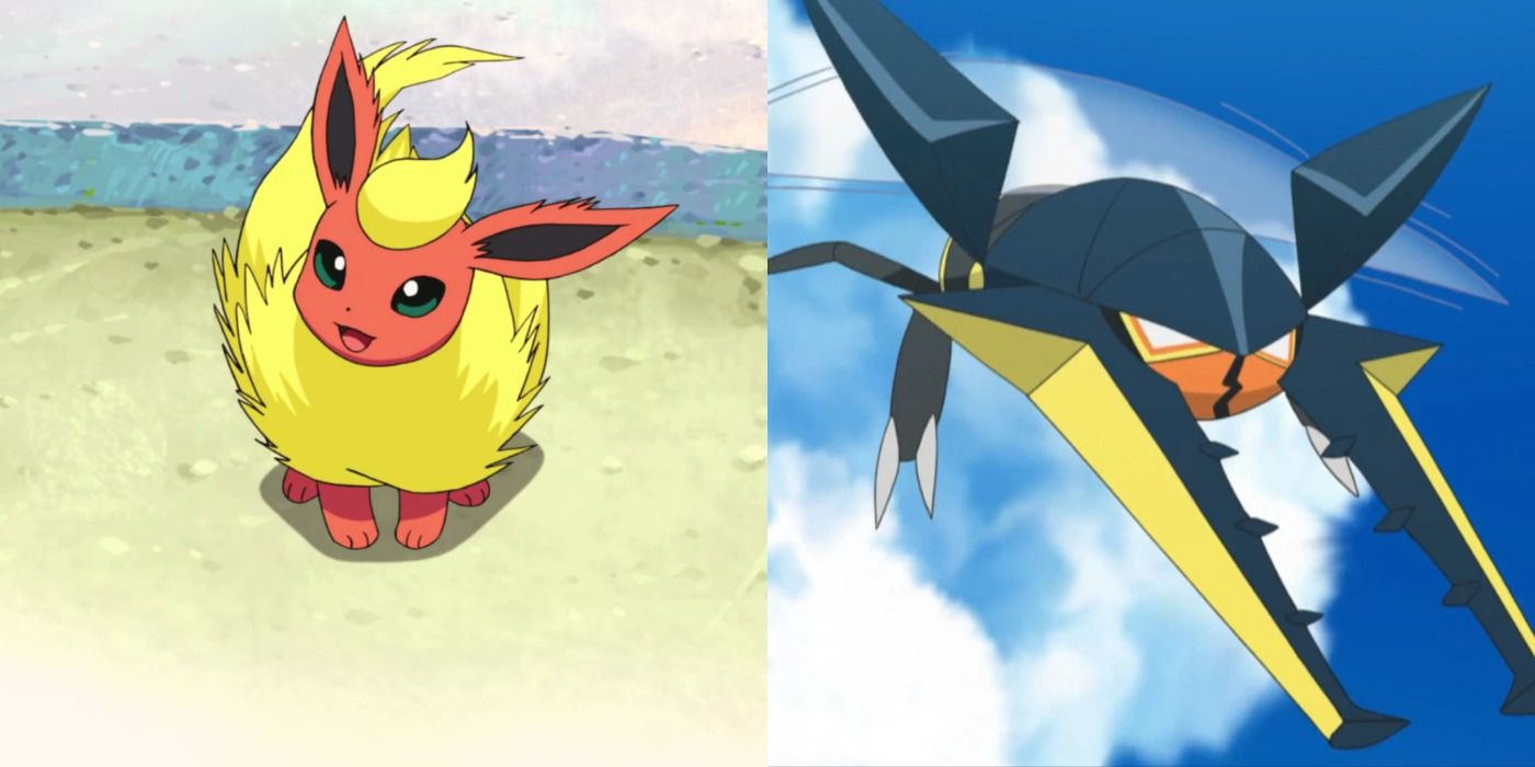 Split image of Flareon and Vikavolt in the Pokémon anime.