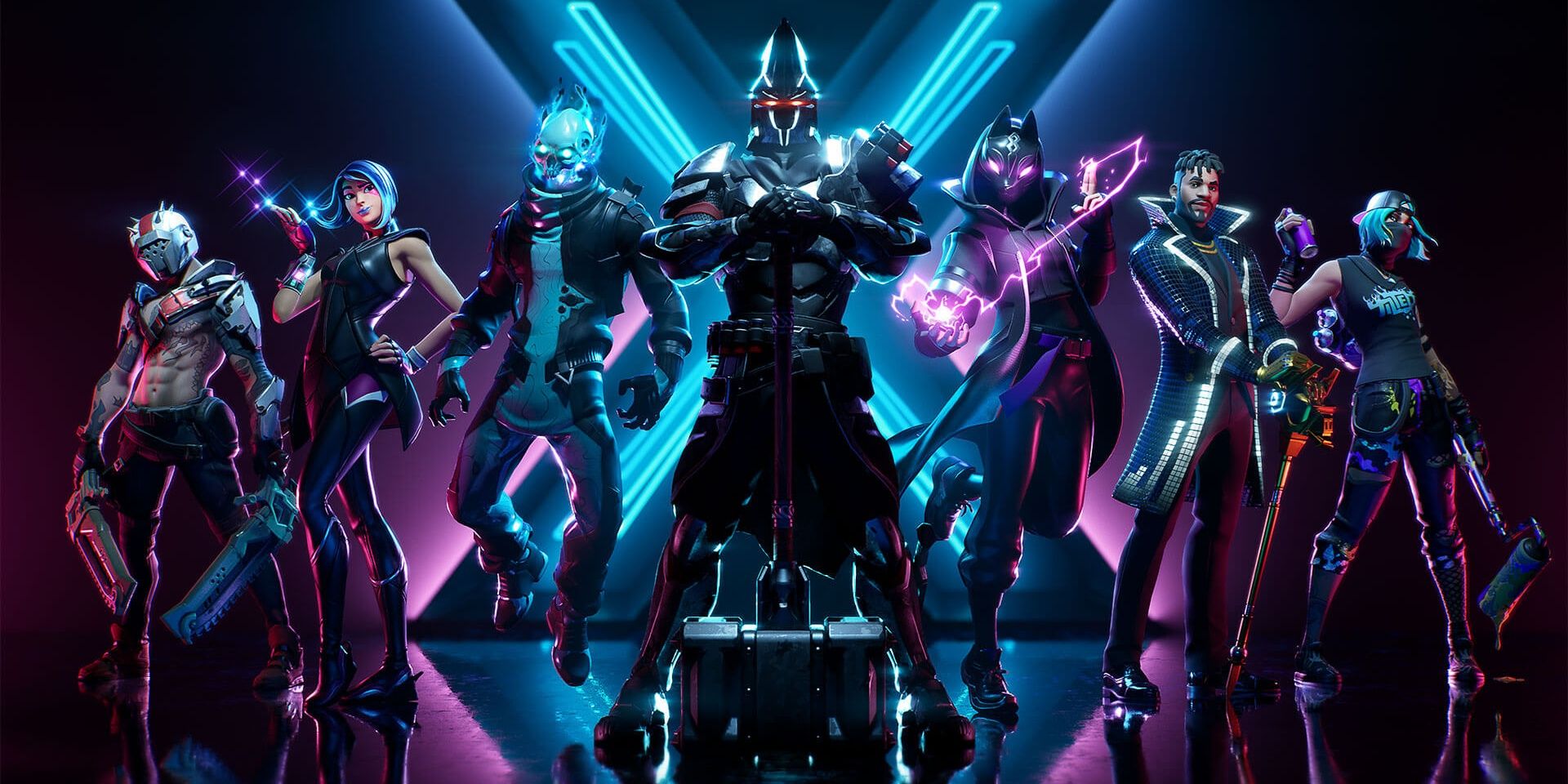 Fortnite Season X Battle Pass Skins standing in front of up a lit up X