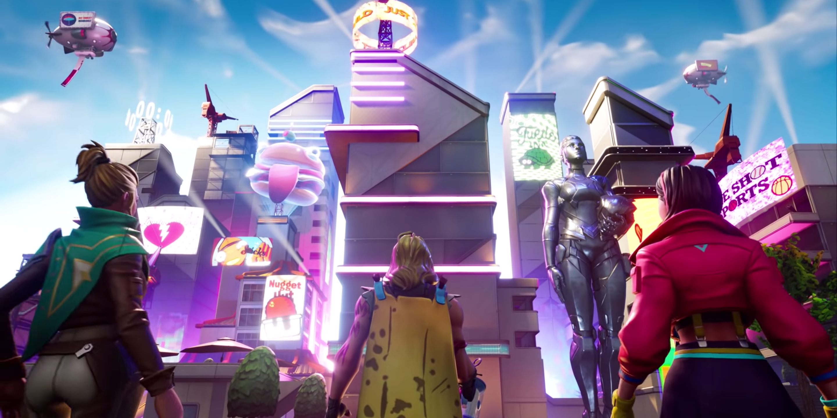 Fortnite Season 9 characters looking at the futuristic map