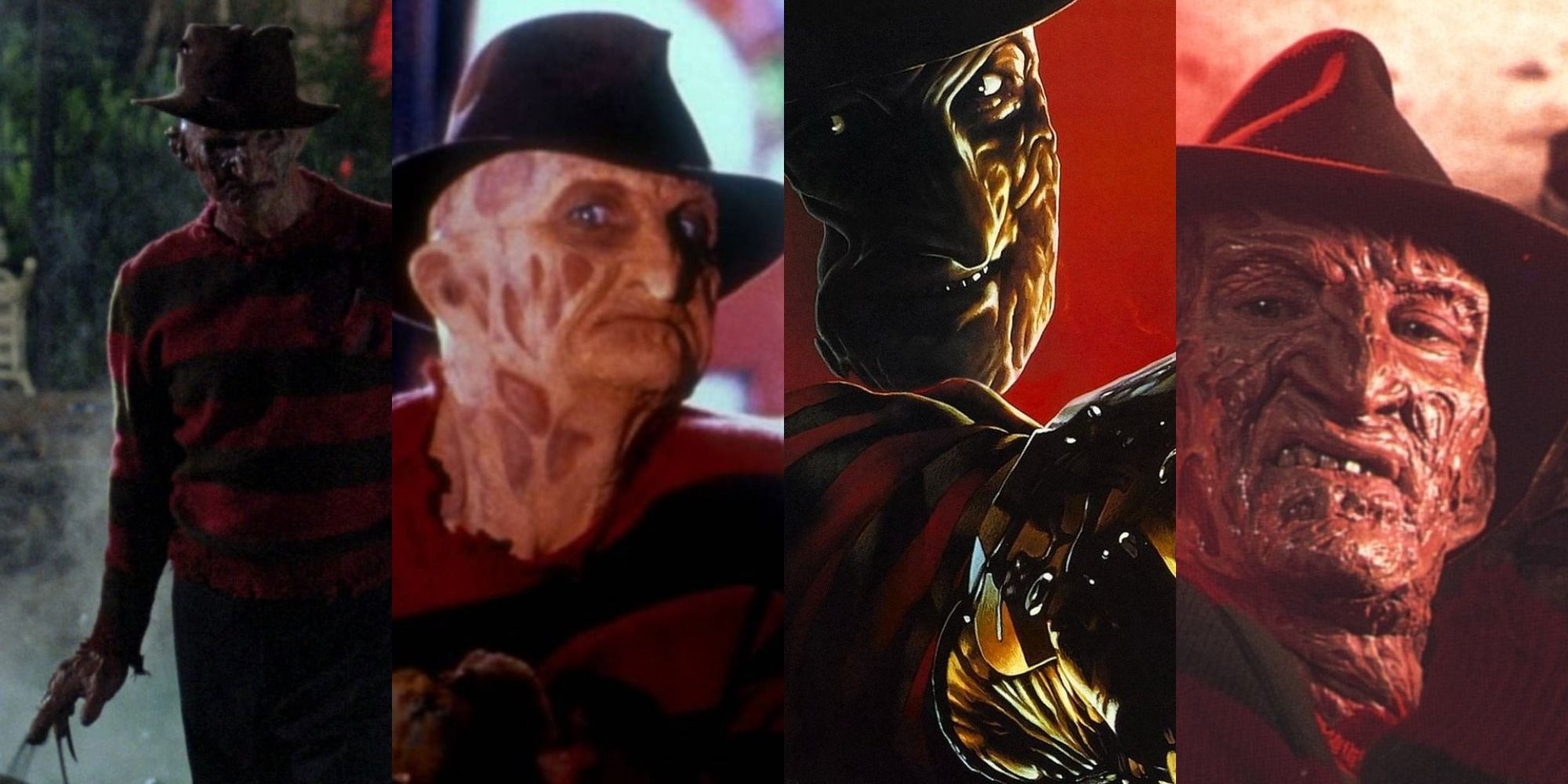 Four images of Freddy from various A Nightmare on Elm Street movies