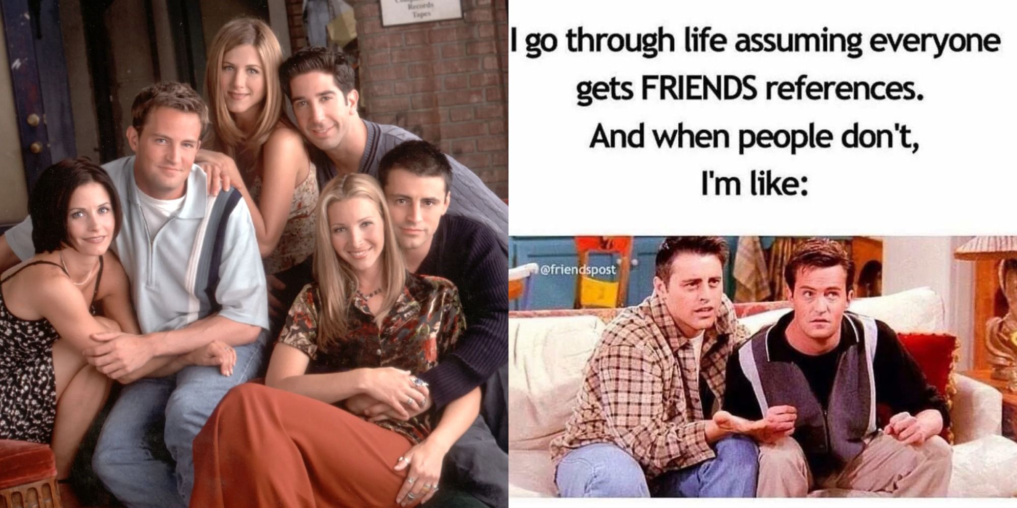 Split image showing the cast of Friends and a meme about the show.