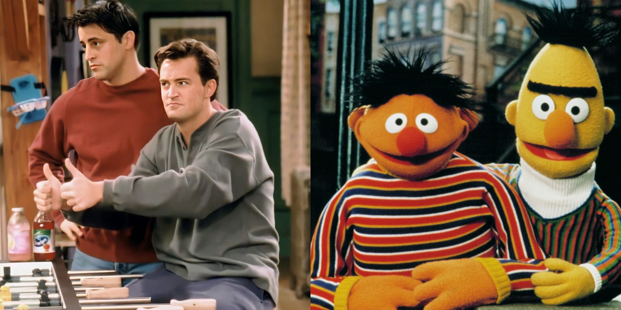 Split image showing Chandler and Joey in Friends and Bert and Ernie in Sesame Street.