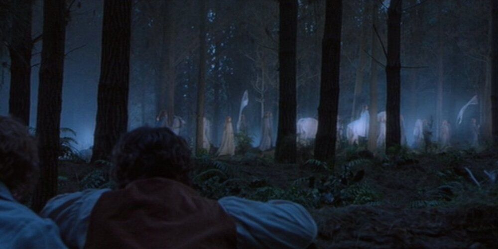 Frodo and Sam observe as Elves travel through the Shire to the Grey Havens