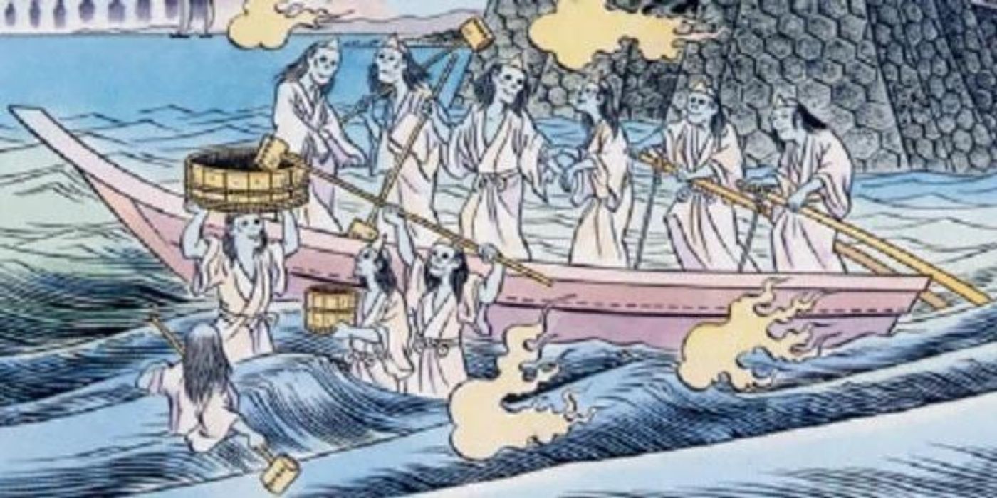 A group of female spirits on a boat at sea.