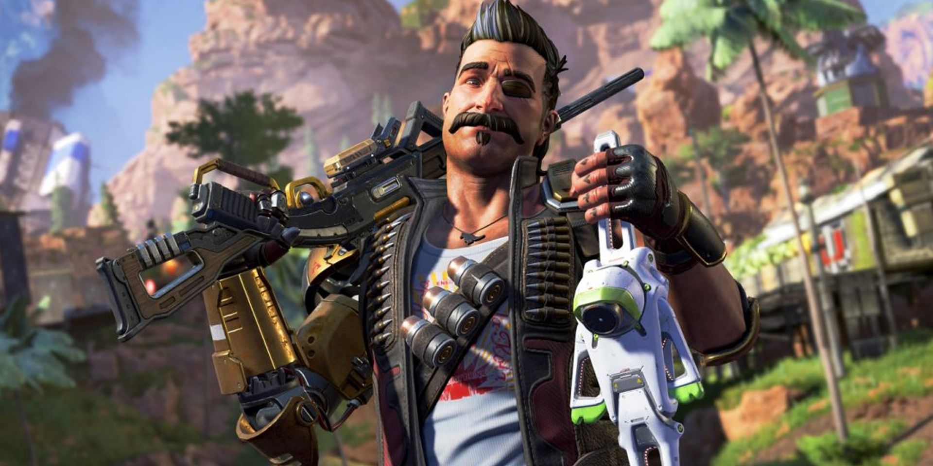 Fuse holding a shotgun over his shoulder, with a disabled Crypto drone in the other hand.