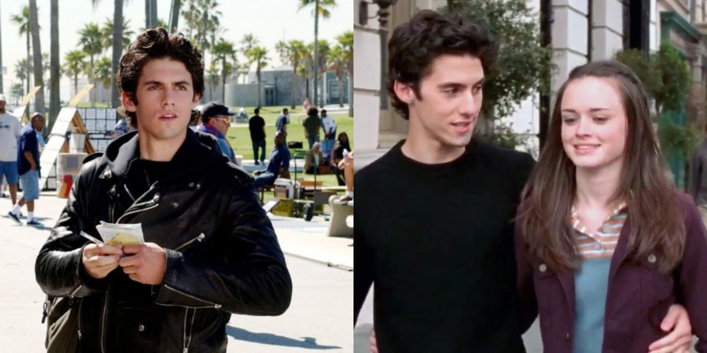 Split image of Jess in California and Jess standing with Rory on Gilmore Girls