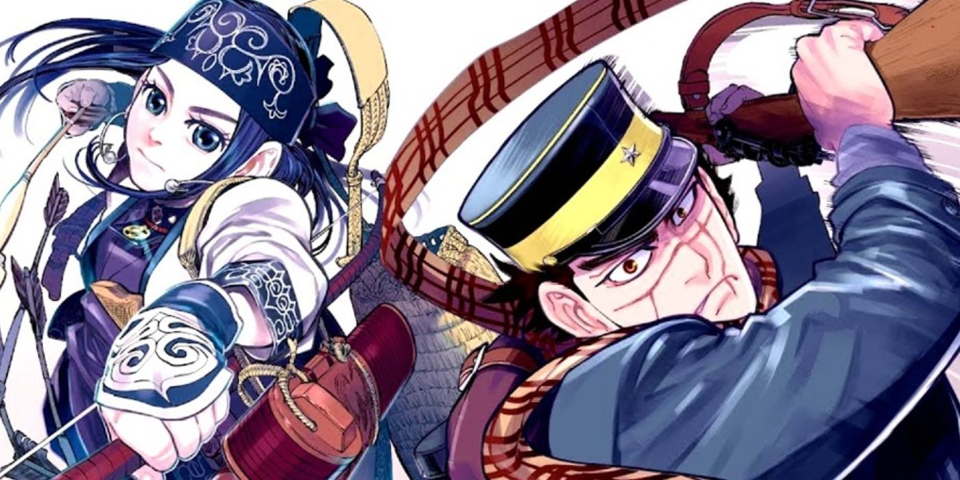 Asirpa and Sugimoto in action poses for Golden Kamuy manga key art.