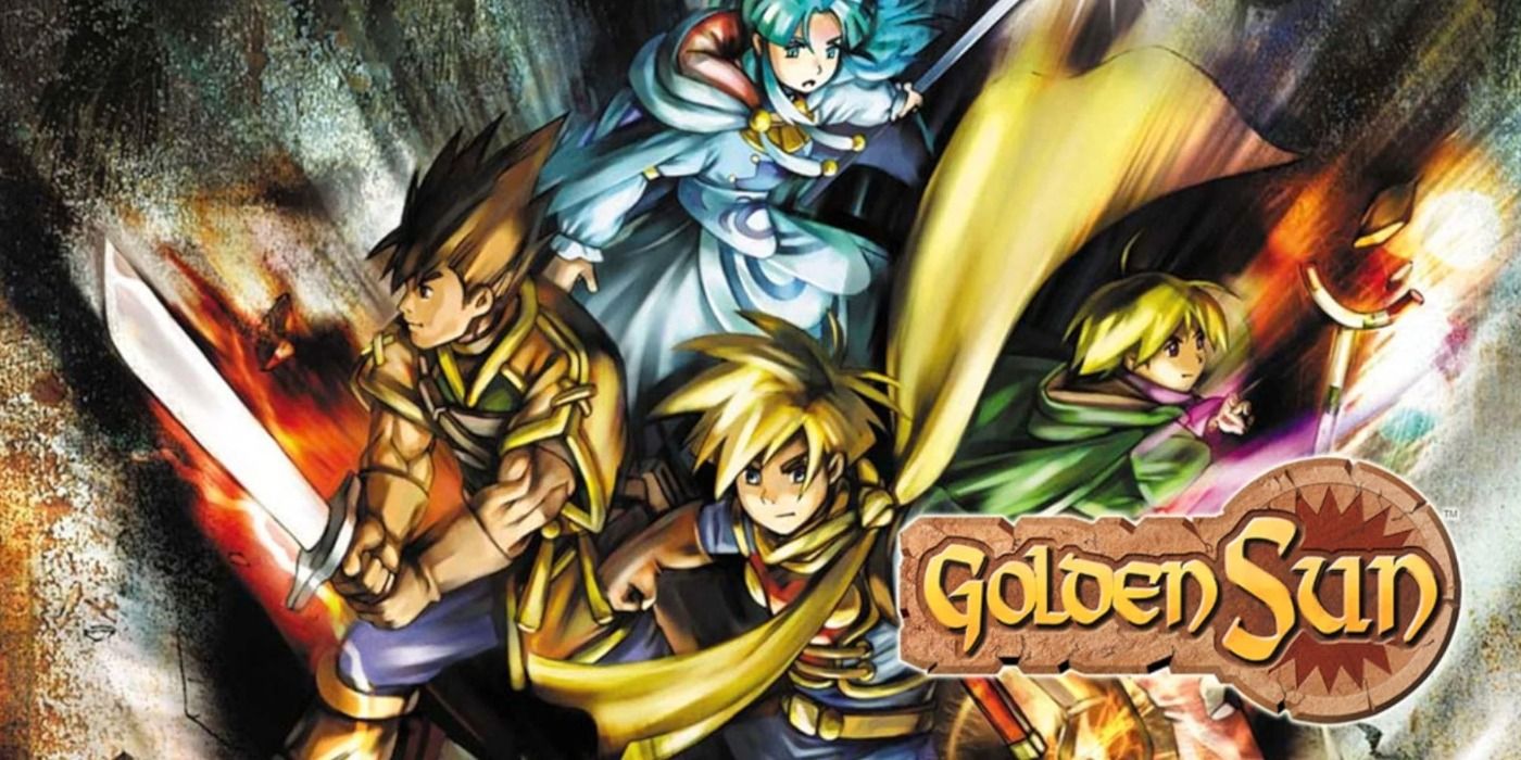 Golden Sun promo art with the main cast of characters poised for battle. The Golden Sun title logo is in the bottom right corner.