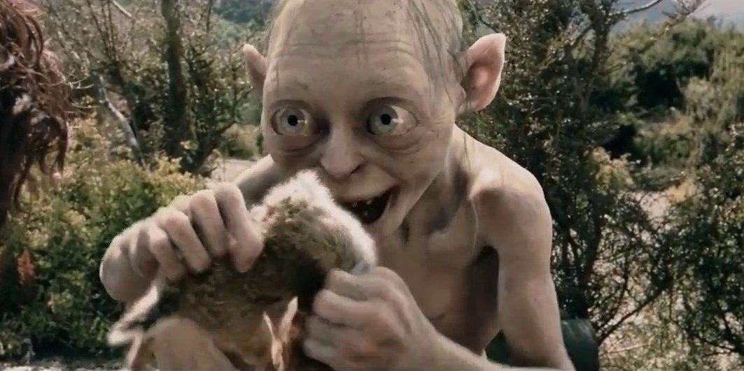 Gollum excited to eat the animal he caught in the Lord of the Rings The Two Towers