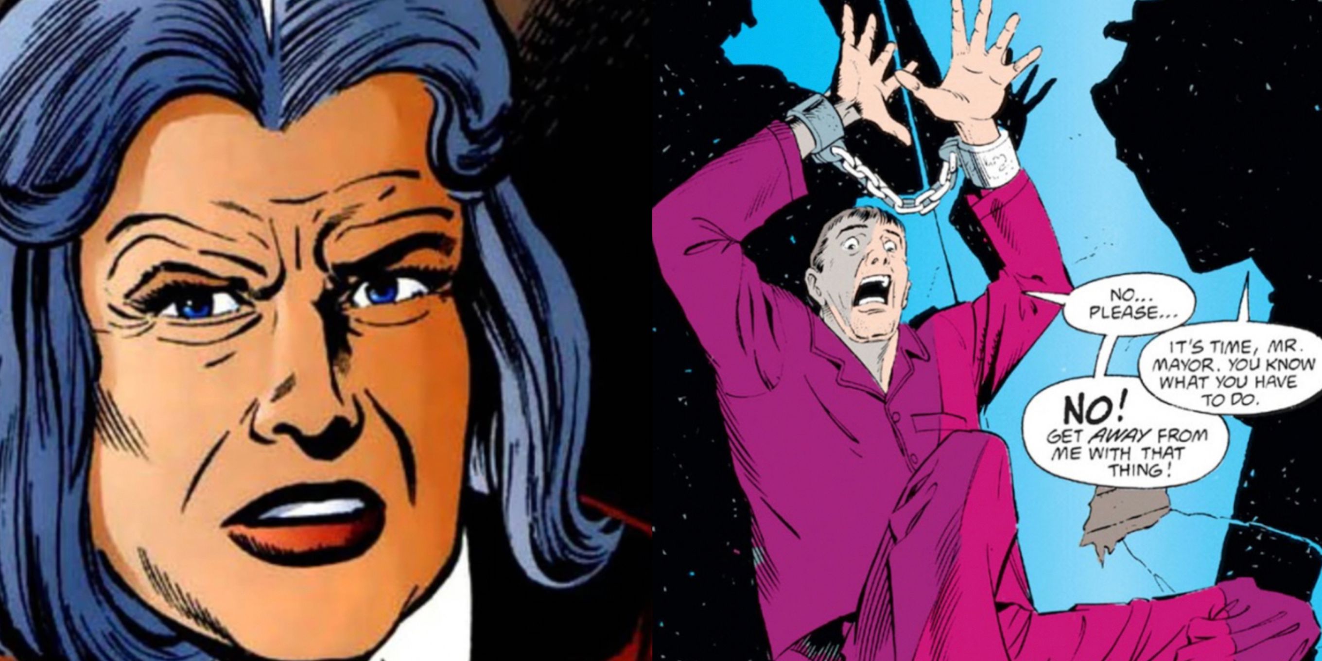 A split image features comic book Gotham mayors Marion Grange and Armand Krol