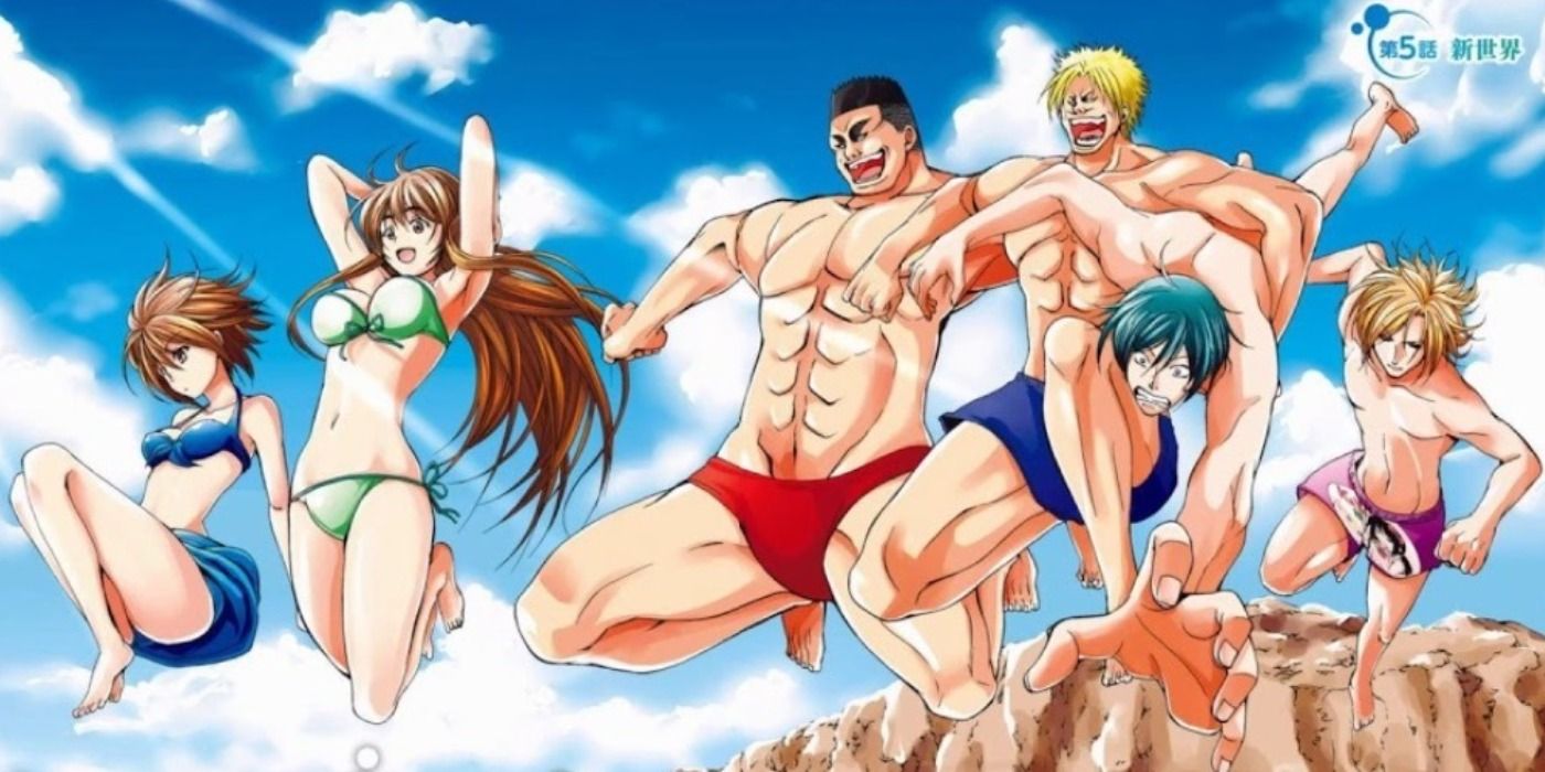 Grand Blue characters jumping into the water.