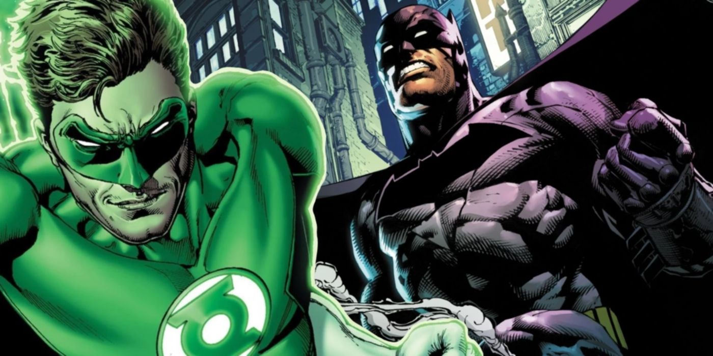 Comic book art: a male superhero in green (Green Lantern) pasted above an image of Batman clenching his fist.