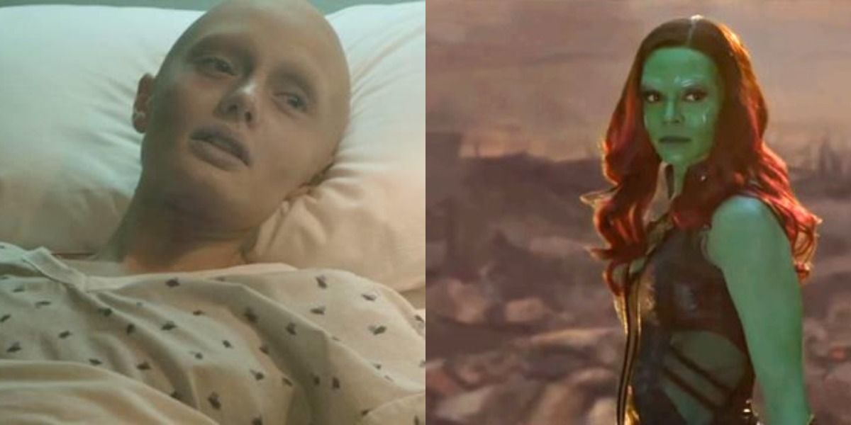 Split image: Meredith Quill on a hospital bed and Gamora in Guardians of the Galaxy Volume 1