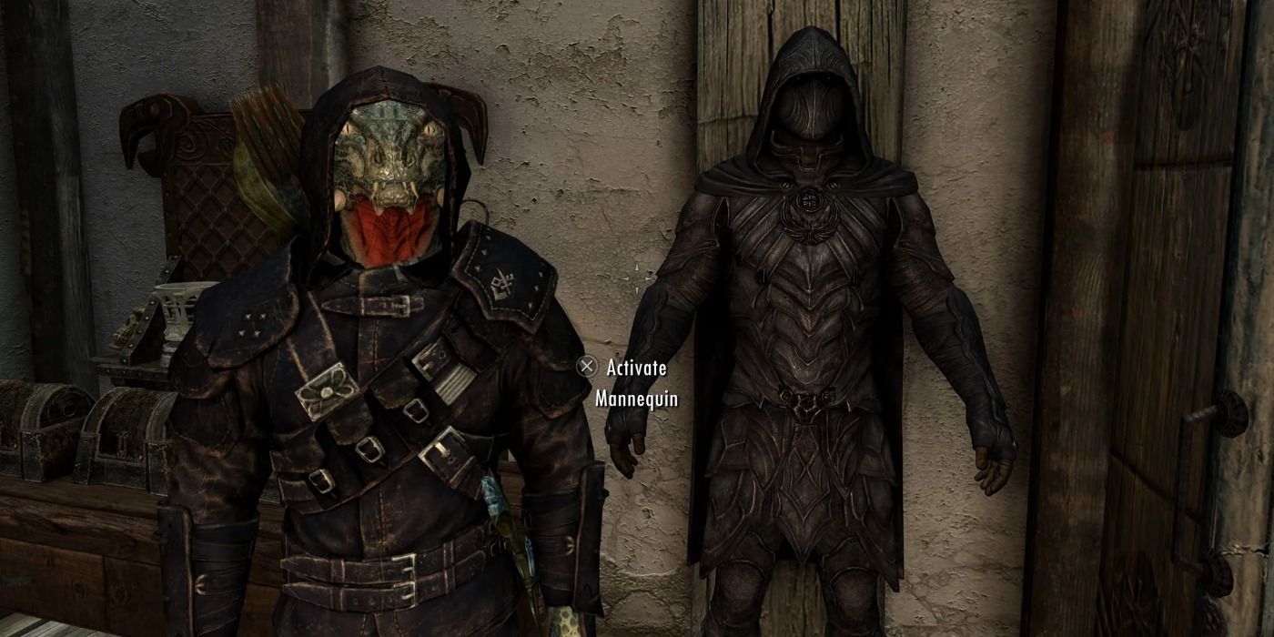 An Argonian character wearing the Guild Master's set with the Nightingale Armor mounted on display.