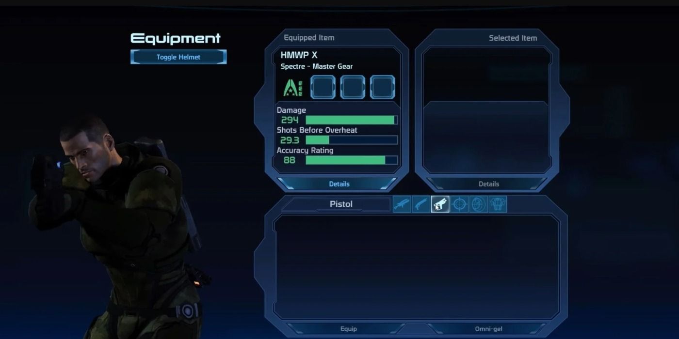 The stat screen for the HMWP Pistol in Mass Effect