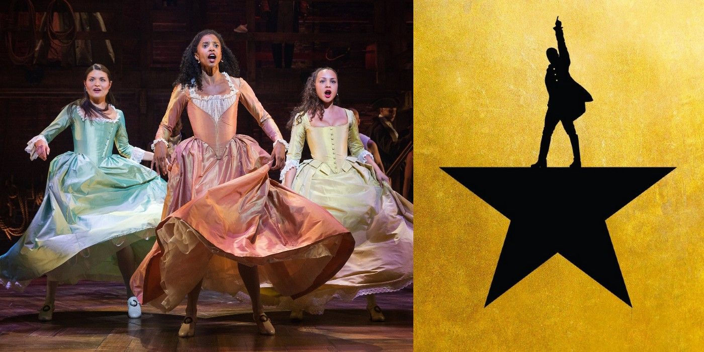 Split image of the Schuyler Sisters and the Hamilton logo
