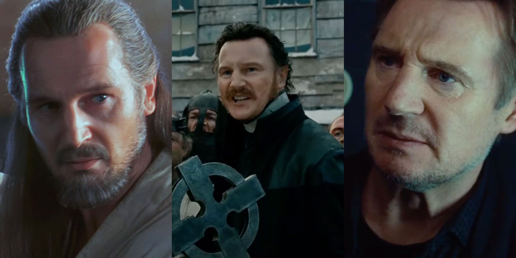 Split image of Liam Neeson in action scenes