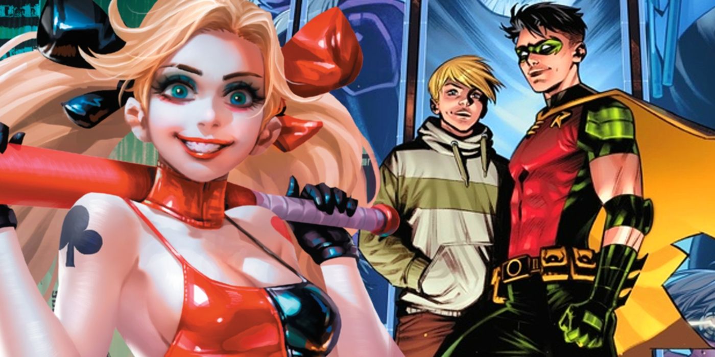 Comic book art: Harley Quinn in front of Robin Tim Drake and his boyfriend Bernard Dowd.