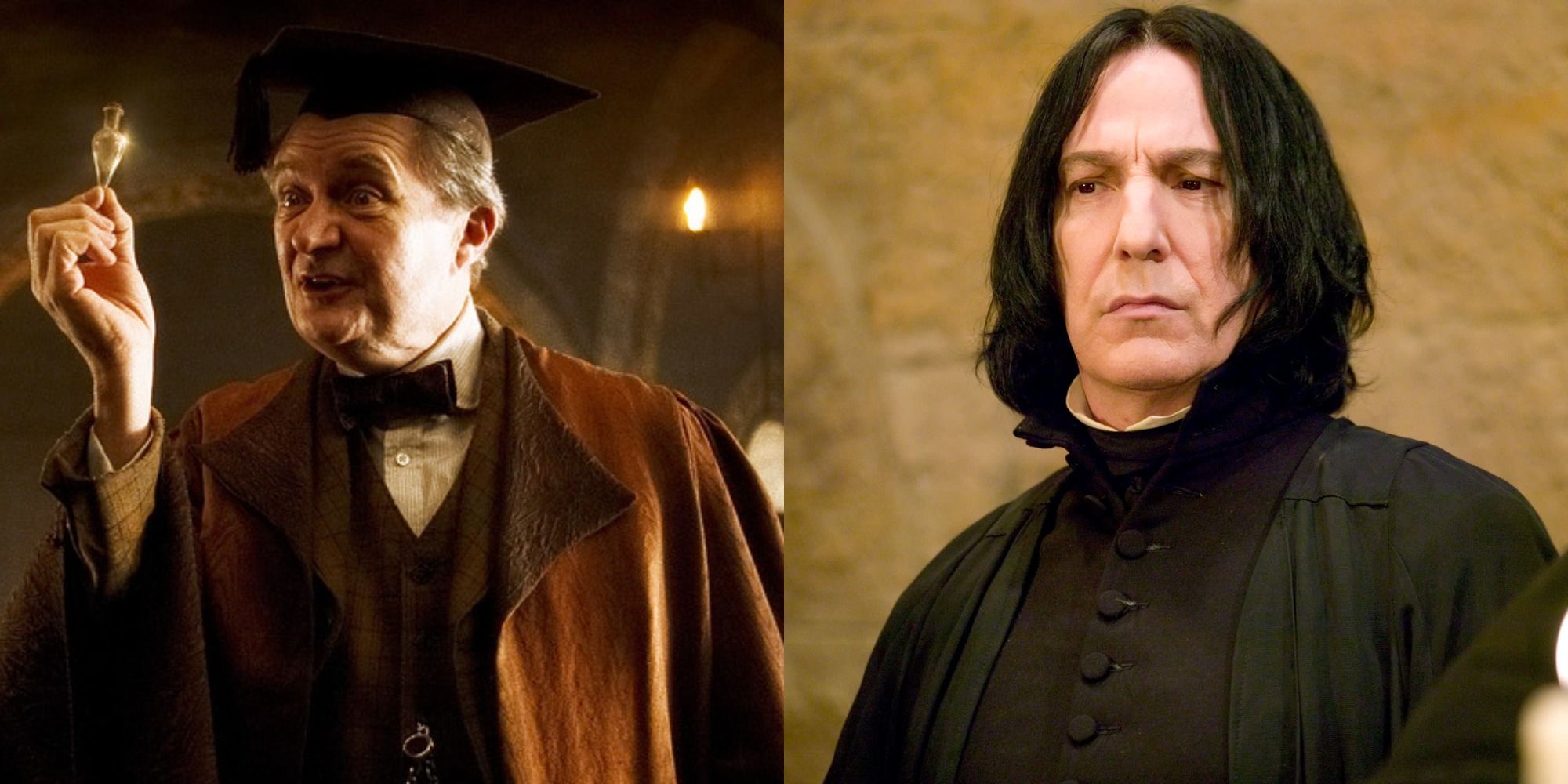 Split image showing Slughorn and Snape in Harry Potter.