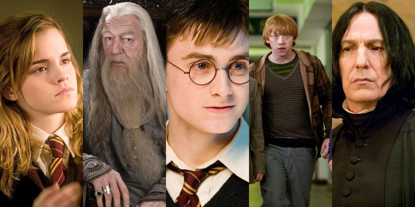 A collage of five images, showing (from left to right) Hermione, Dumbledore, Harry, Ron, and Snape