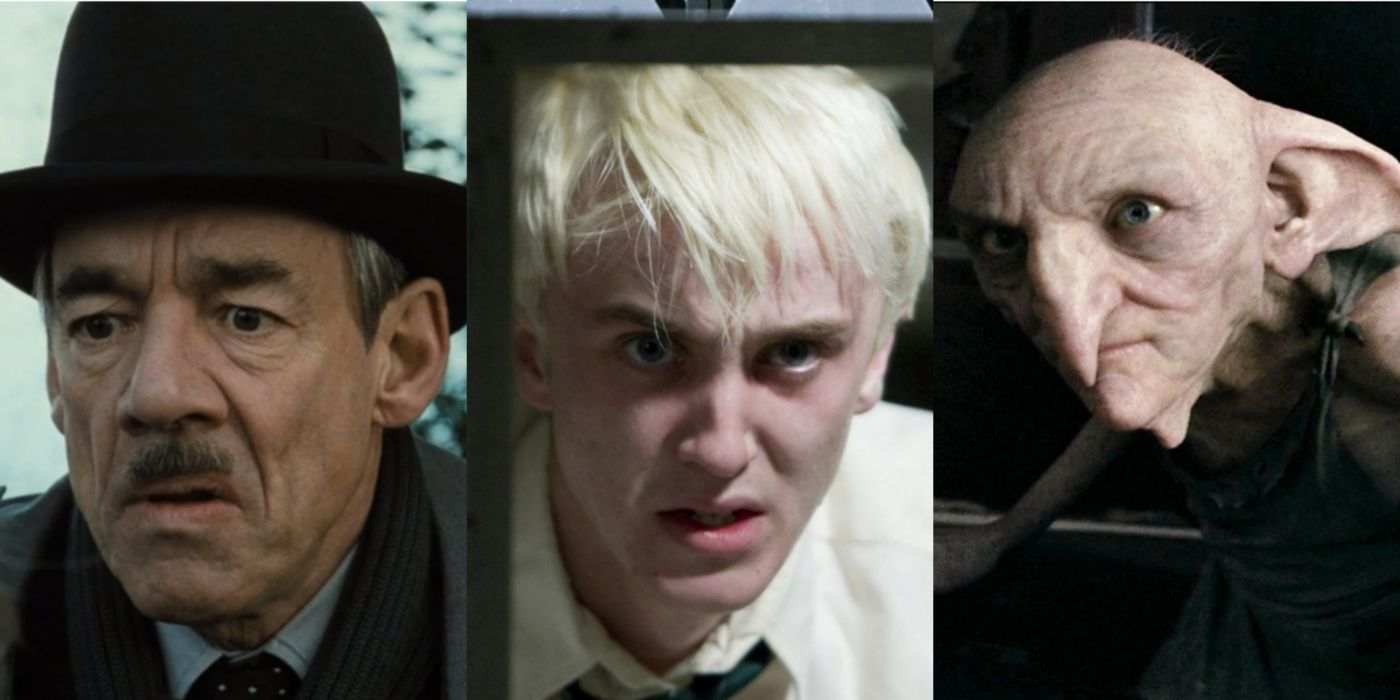 A tri-split image showing, from left to right, Barty Crouch Sr., Malfoy, and Kreacher from Harry Potter