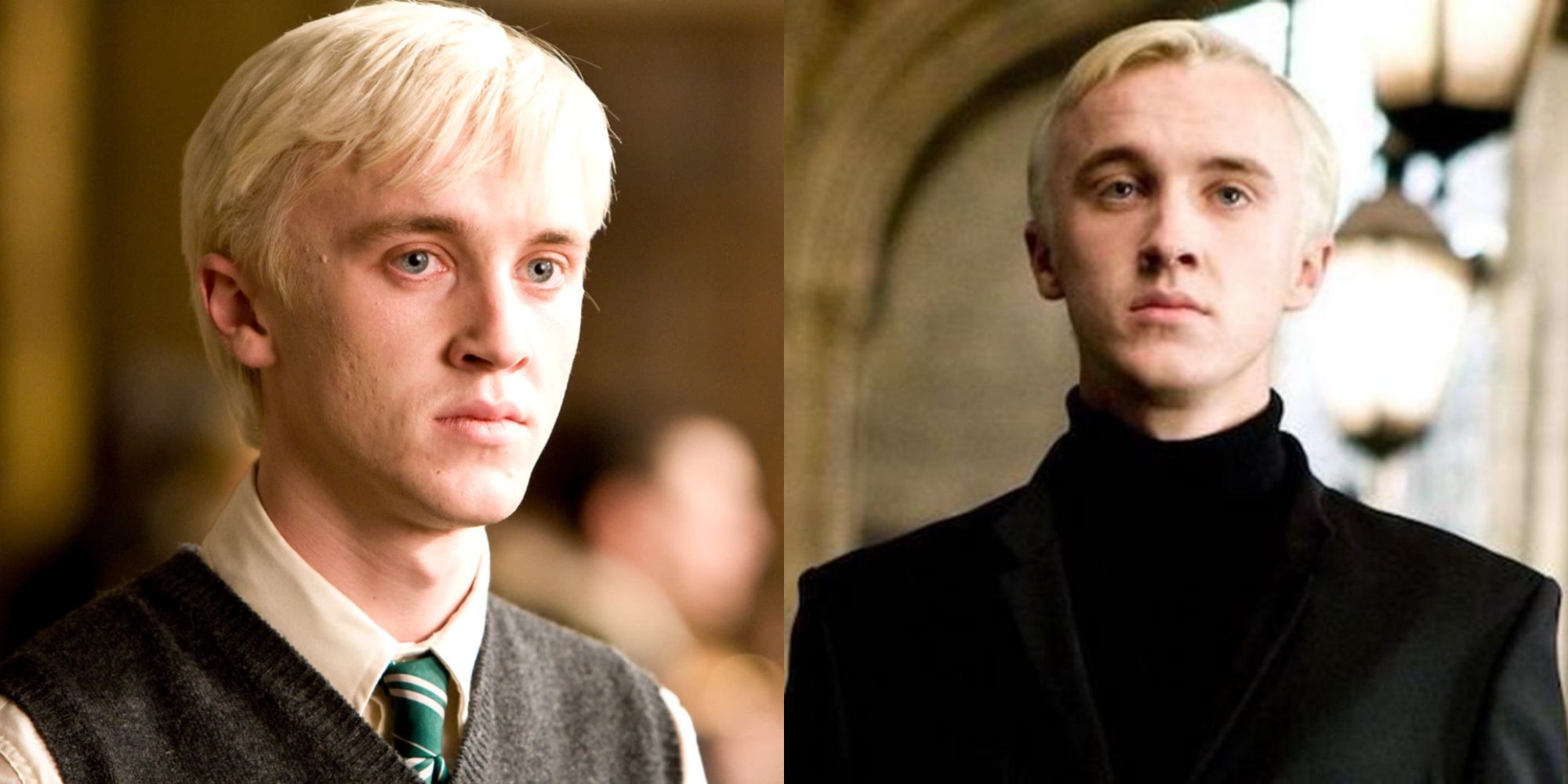 Split image showing Draco Malfoy looking serious in Harry Potter.