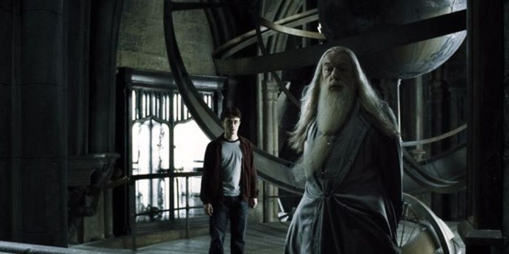Harry Potter and Albus Dumbledore on the Astronomy Tower in Half-Blood Prince 