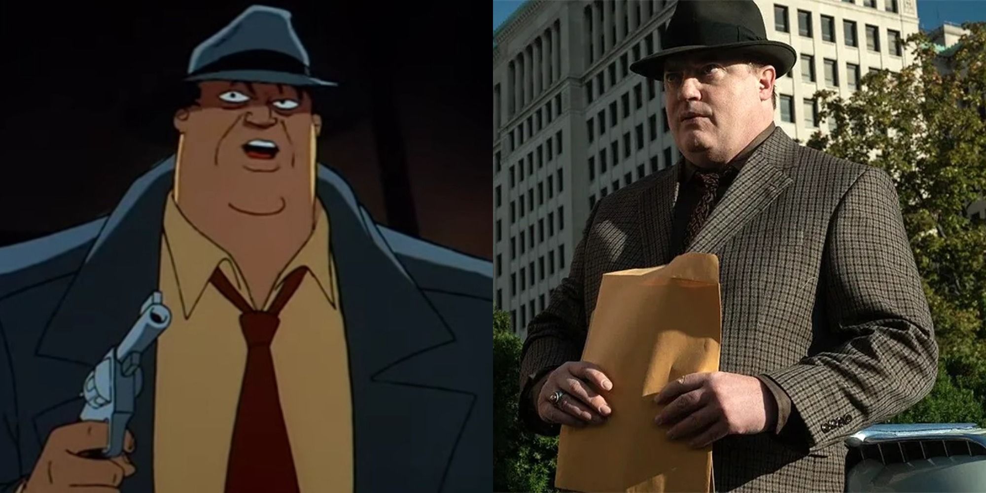Split image of Harvey Bullock in Batman: The Animated Series and Brendan Fraser in No Sudden Move