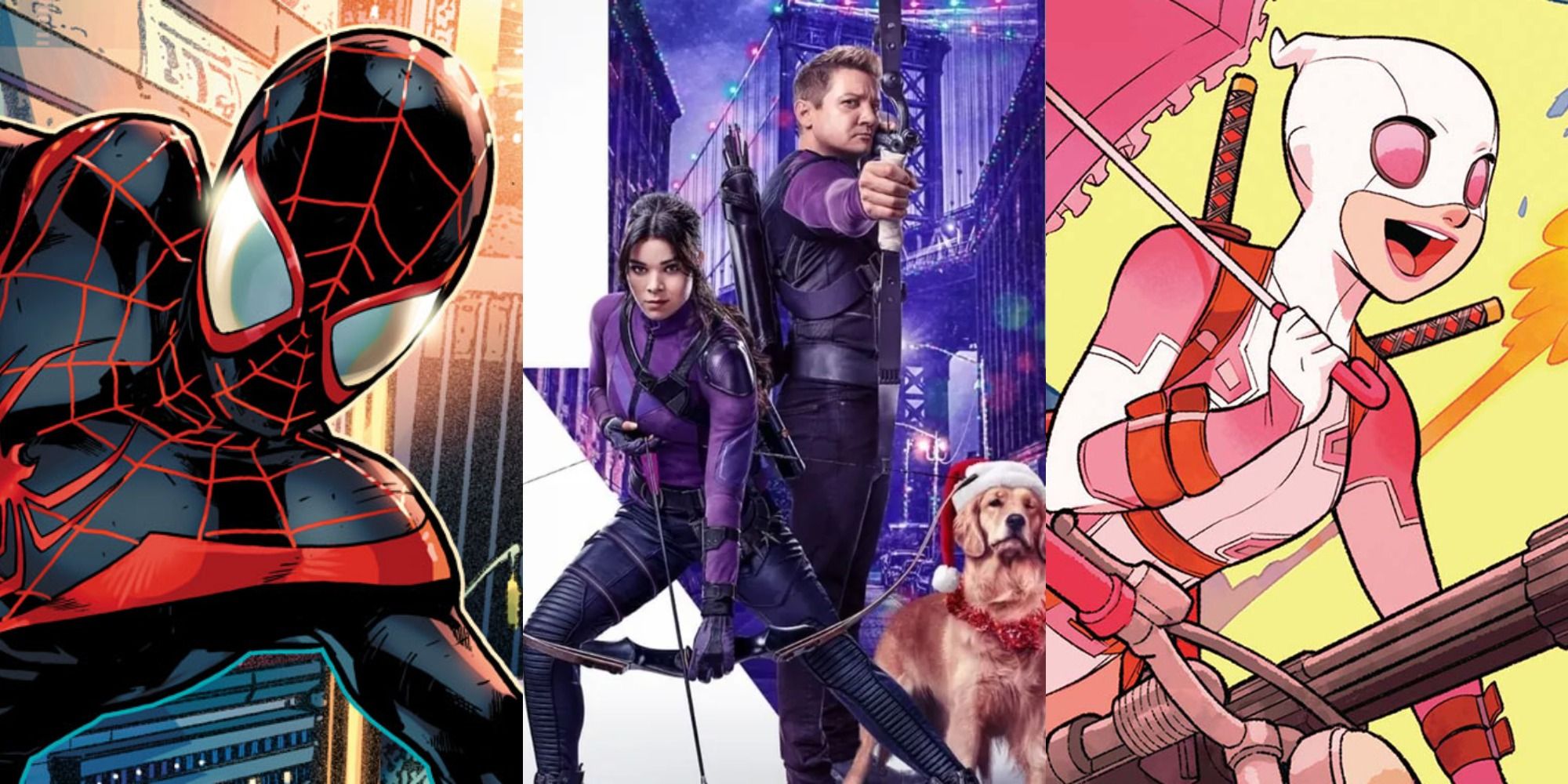 Split image of Clint and Kate from Hawkeye series, Miles Morales and Gwenpool from Marvel Comics.