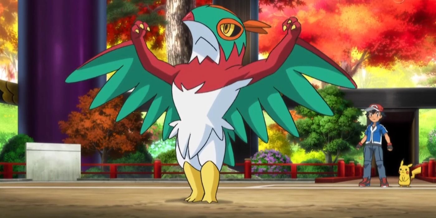 Ash&rsquo;s Hawlucha posing in battle in the Pokémon anime.