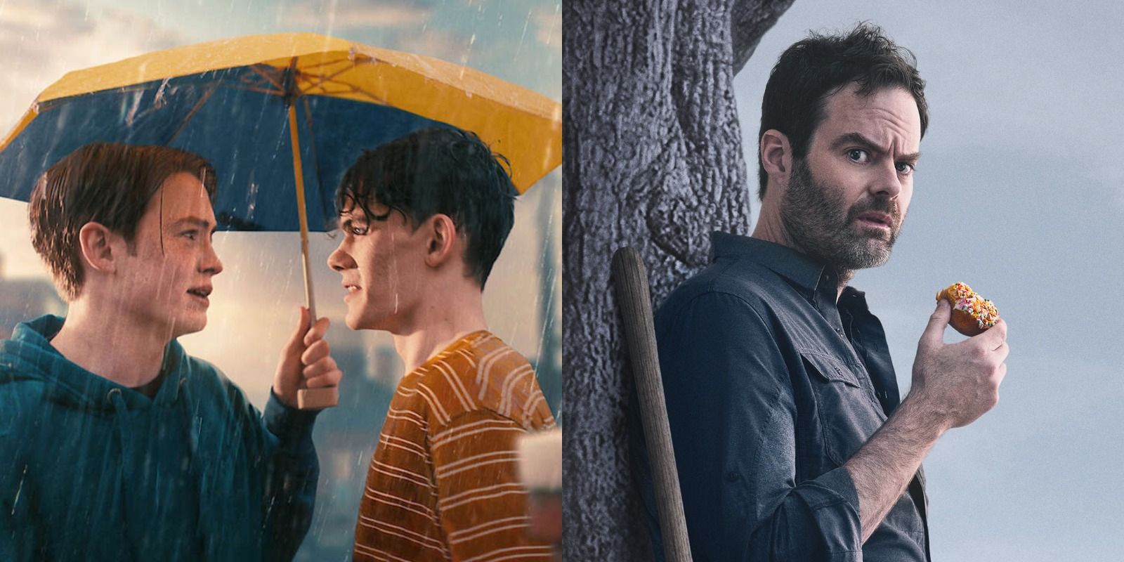 Charlie and Nick under an umbrella in Heartstopper & Bill Hader eating a doughnut in Barry