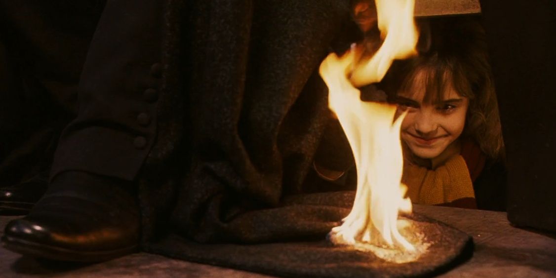 Hermione sets Snape's leg on fire in Harry Potter and the Sorcerer's Stone 