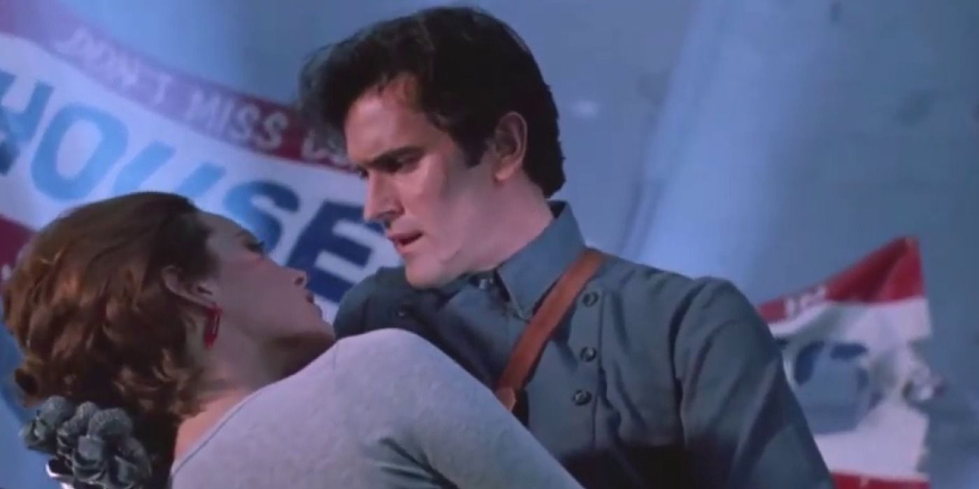 Ash holds a woman in his arms at the end of Army of Darkness.