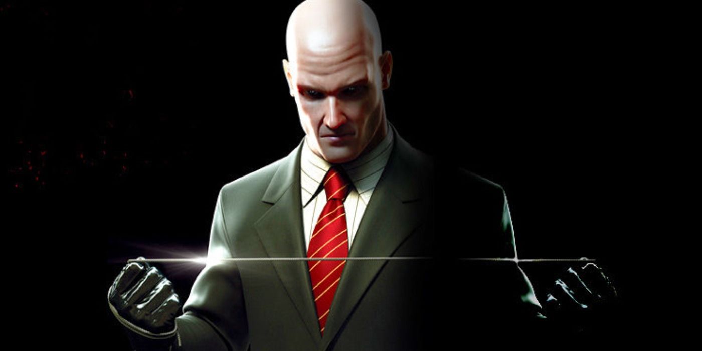 Agent 47 holding a taut wire on a shadowy background.