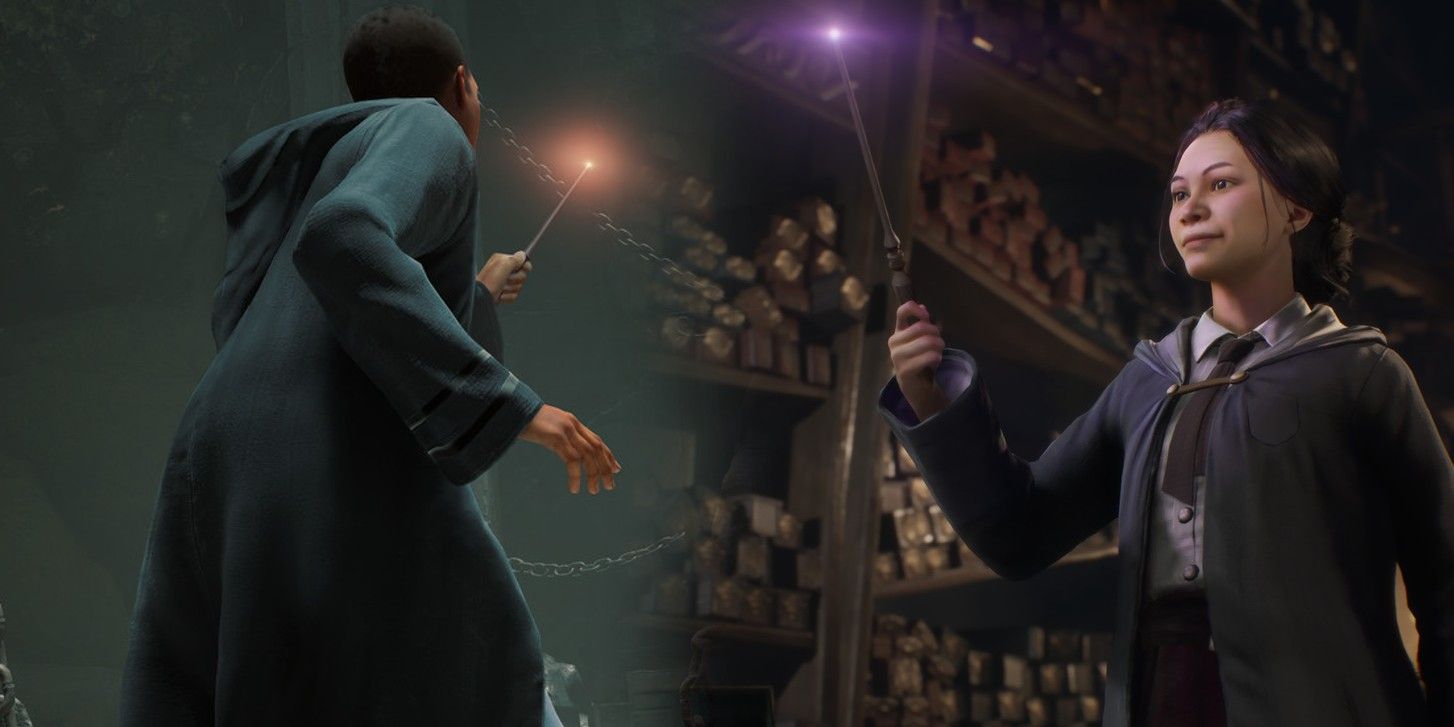 Hogwarts Legacy witch and wizard using their wands