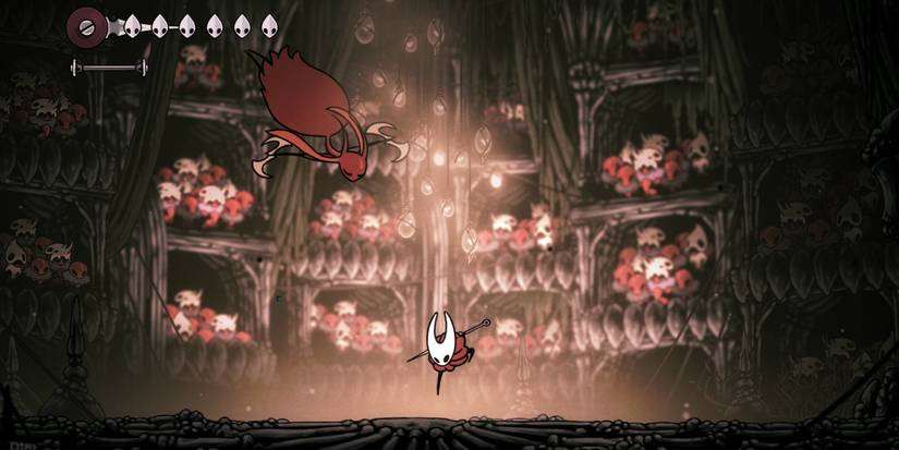 Hollow Knight Silksong Hornet fighting an enemy with an audience in a colosseum.