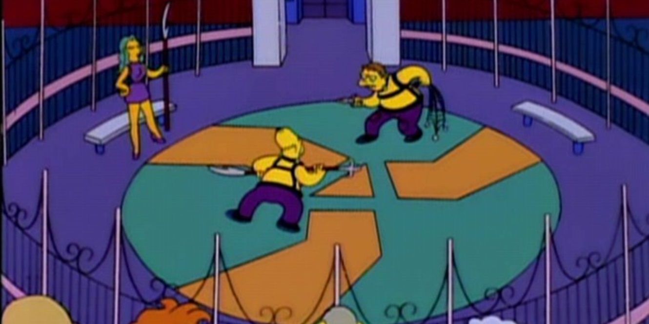 Homer fights Barney in the Treskilion arena in The Simpsons