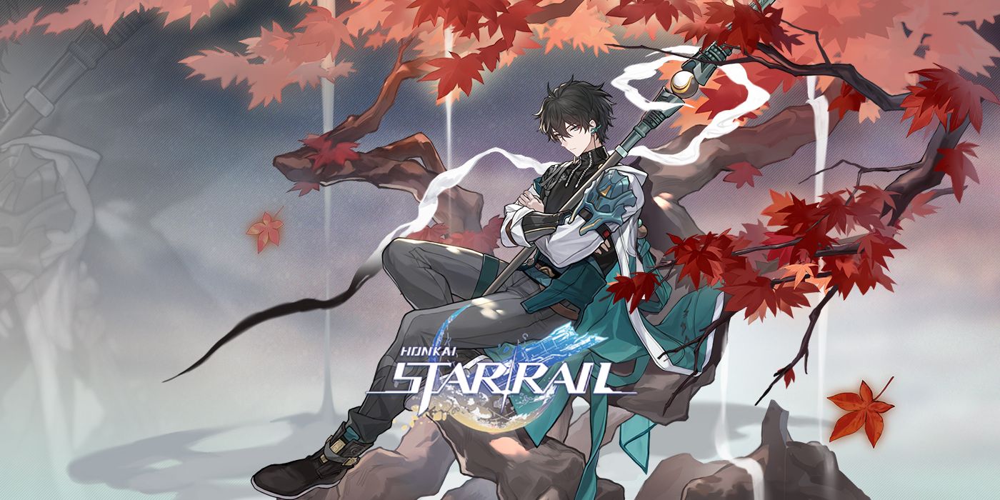 Honkai Star Rail image of character on rocks under a tree with red leaves.