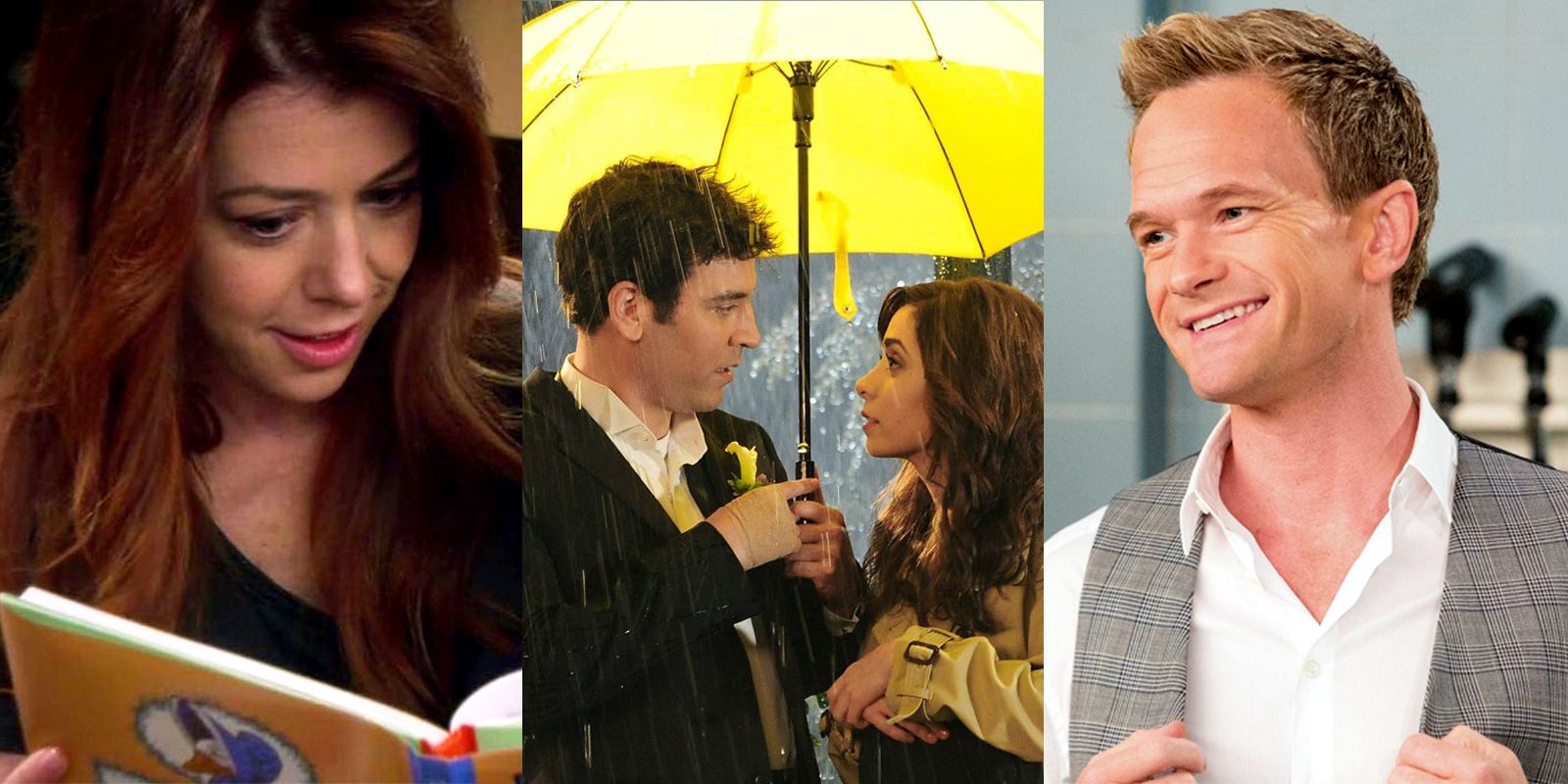 Split image of Lily reading to her child, Ted and Tracy under the yellow umbrella, and Barney smiling in How I Met Your Mother.