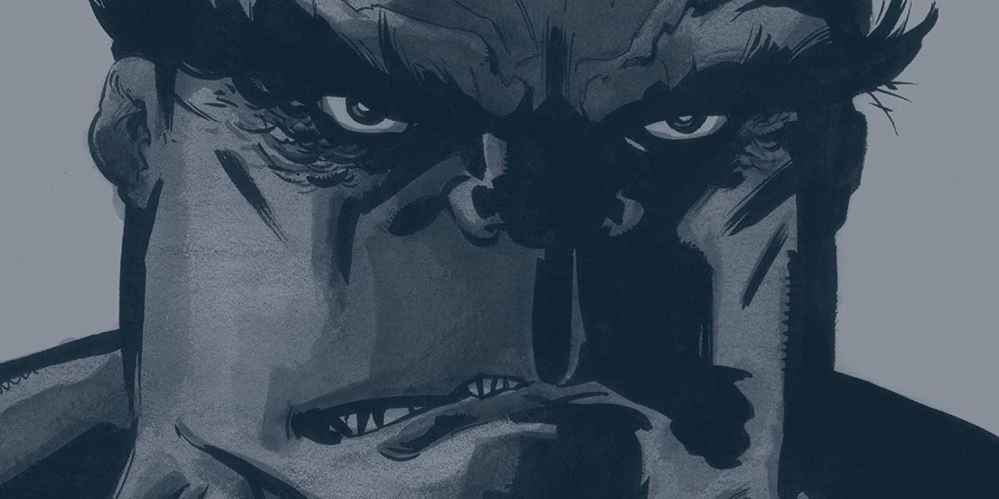 Close-up of Hulk's face in gray coloring. 