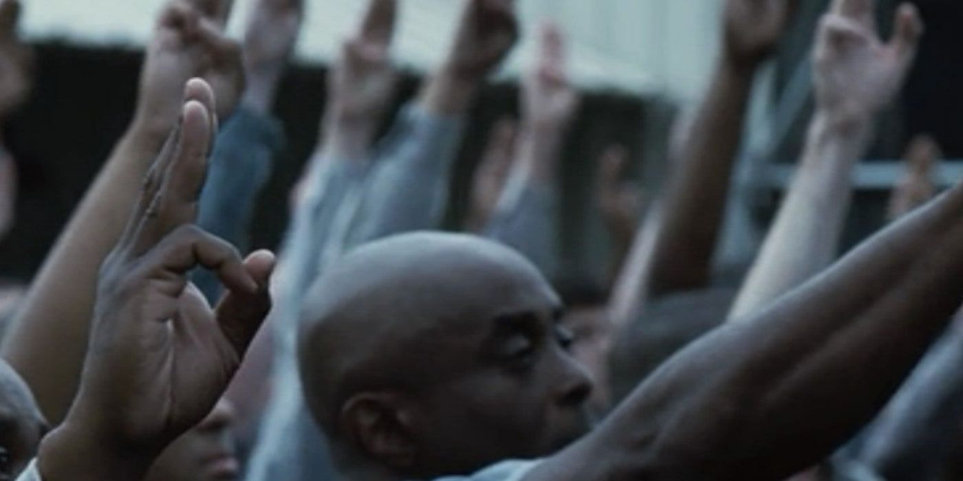 The citizens of District 11 giving the rebel salute in The Hunger Games