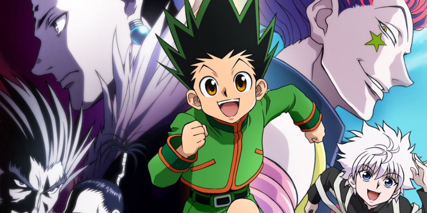 Gon na arte chave de Hunter x Hunter com membros do elenco de apoio atrás dele.