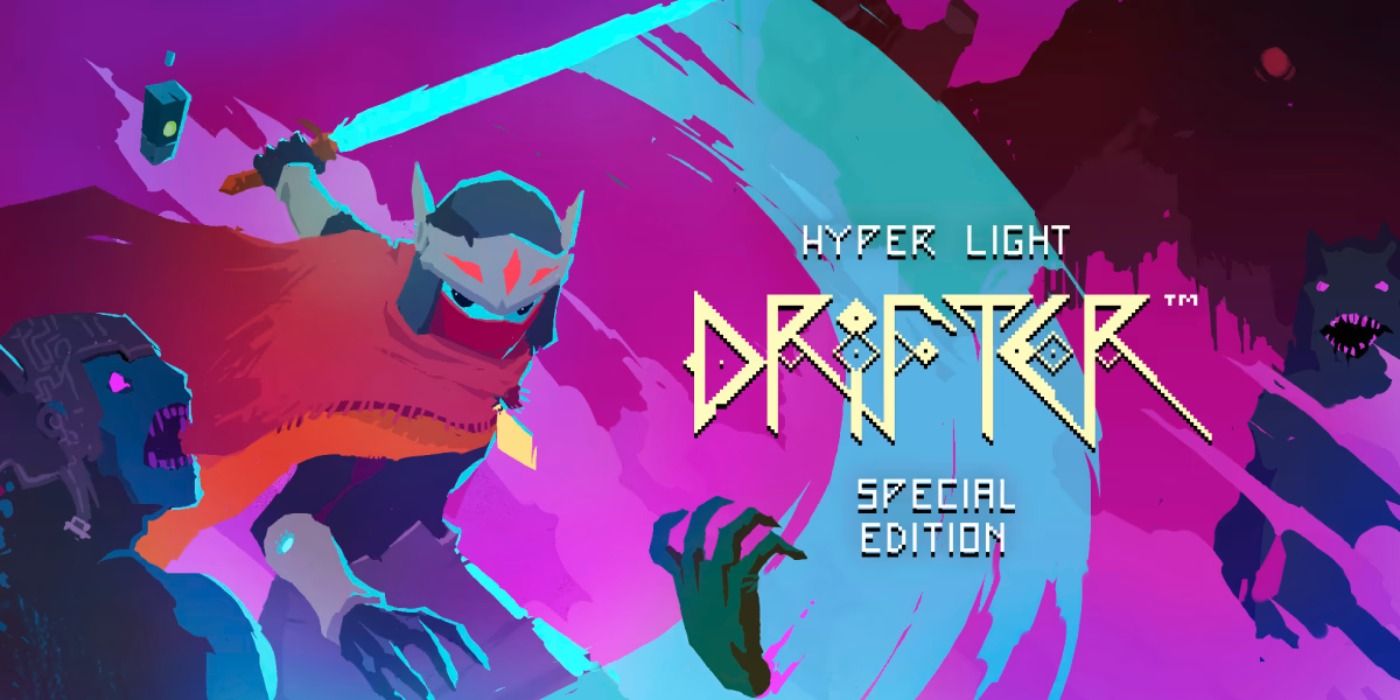The titular Drifter wielding his sword in combat against monsters in Hyper Light Drifter.
