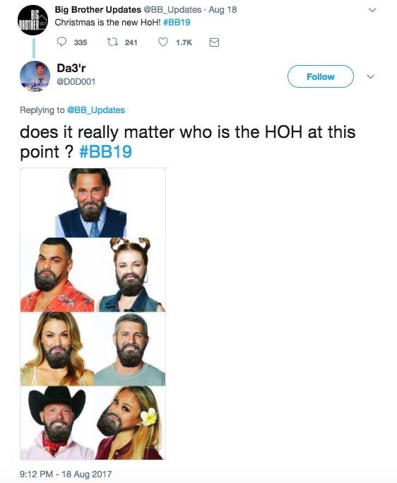 A meme showing multiple contestants wearing Paul's beard, implying that everyone is working for Paul
