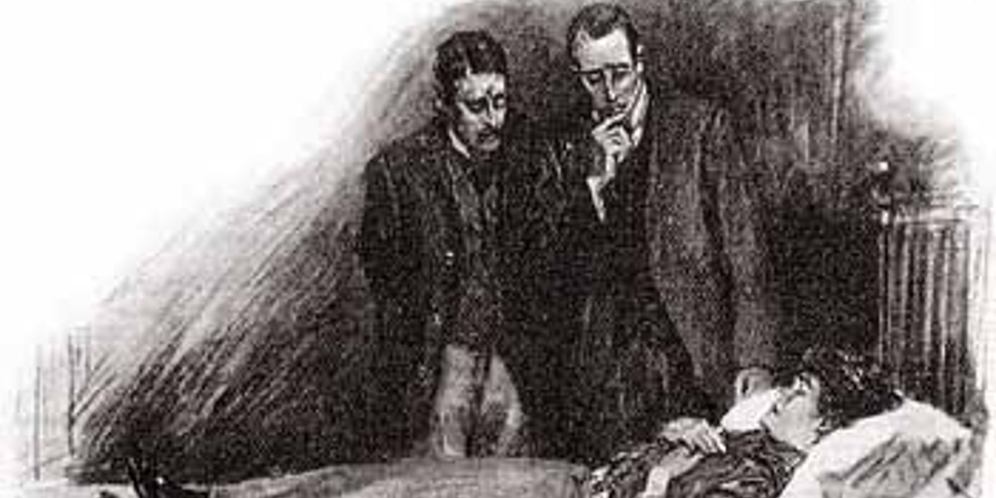 Illustration of Sherlock Holmes and John Watson examining a dead girl in The Adventure Of The Devil's Foot