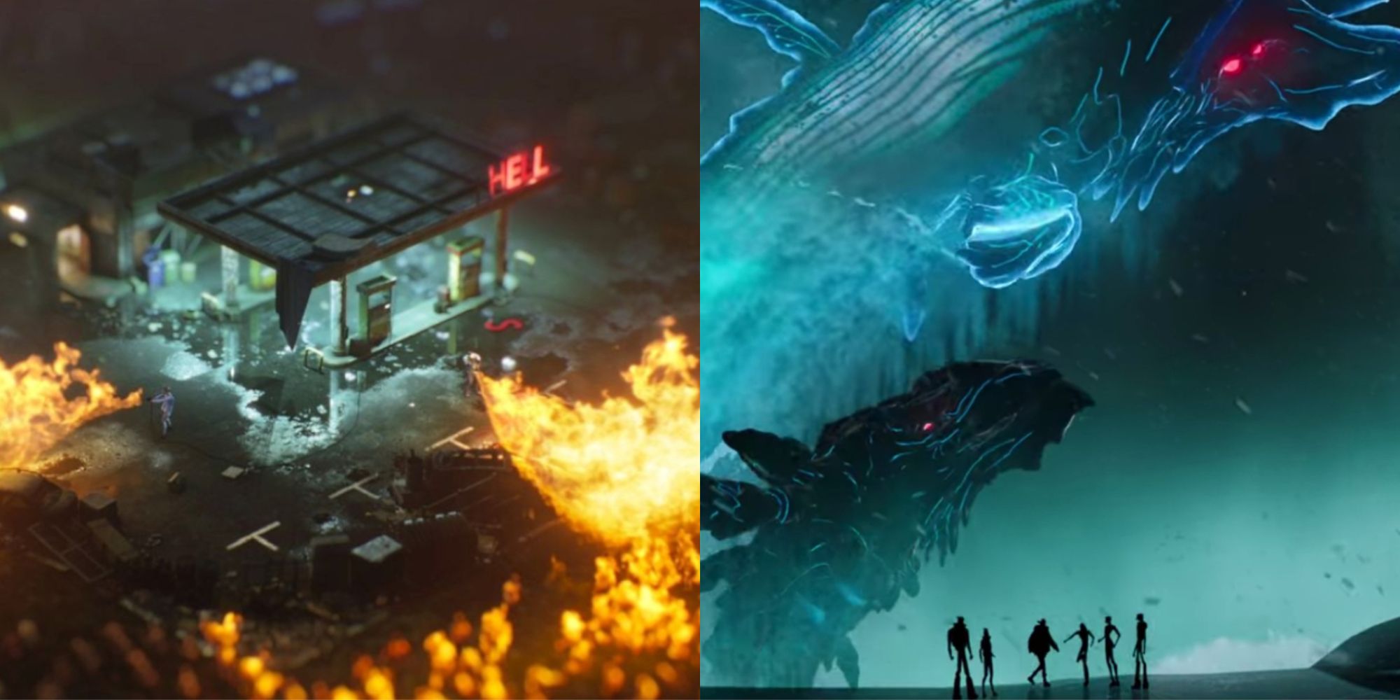 A split image of dystopian worlds from Love, Death and Robots.