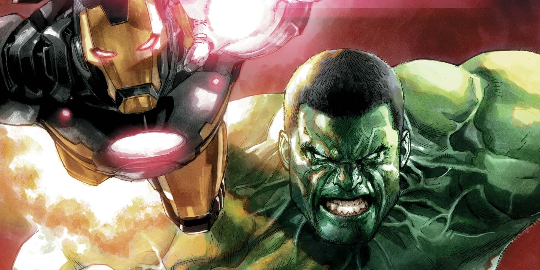 The Hulk and Iron Man going into action.