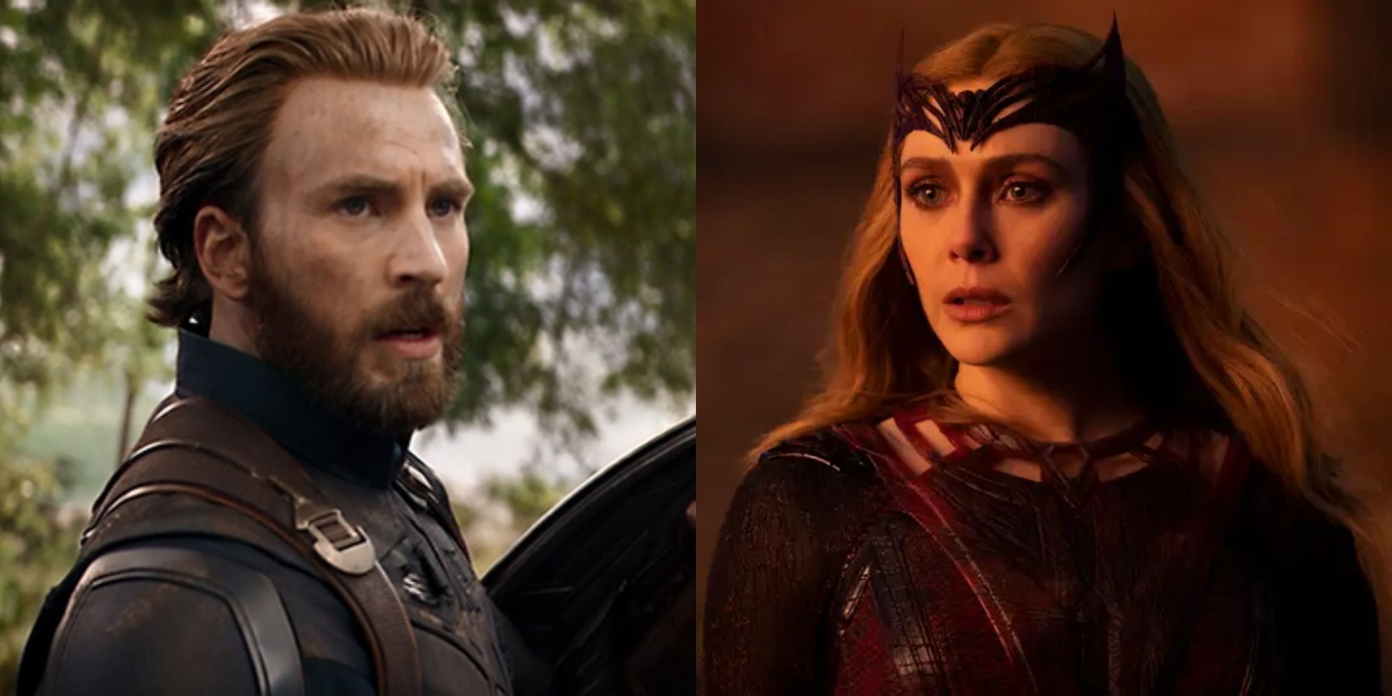 Split image showing Captain America in Infinity War and Scarlet Witch in Multive of Madness.